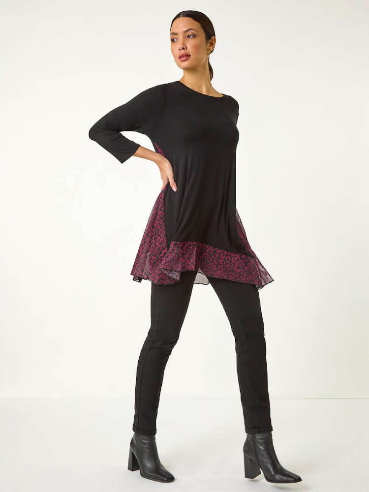 Roman Red Animal Print Contrast Mesh Hem Stretch Top - Image 2 of 5