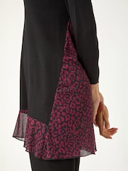 Roman Red Animal Print Contrast Mesh Hem Stretch Top - Image 5 of 5