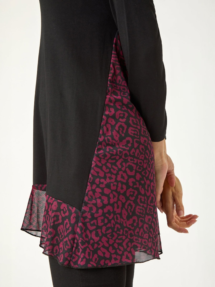 Roman Red Animal Print Contrast Mesh Hem Stretch Top - Image 5 of 5