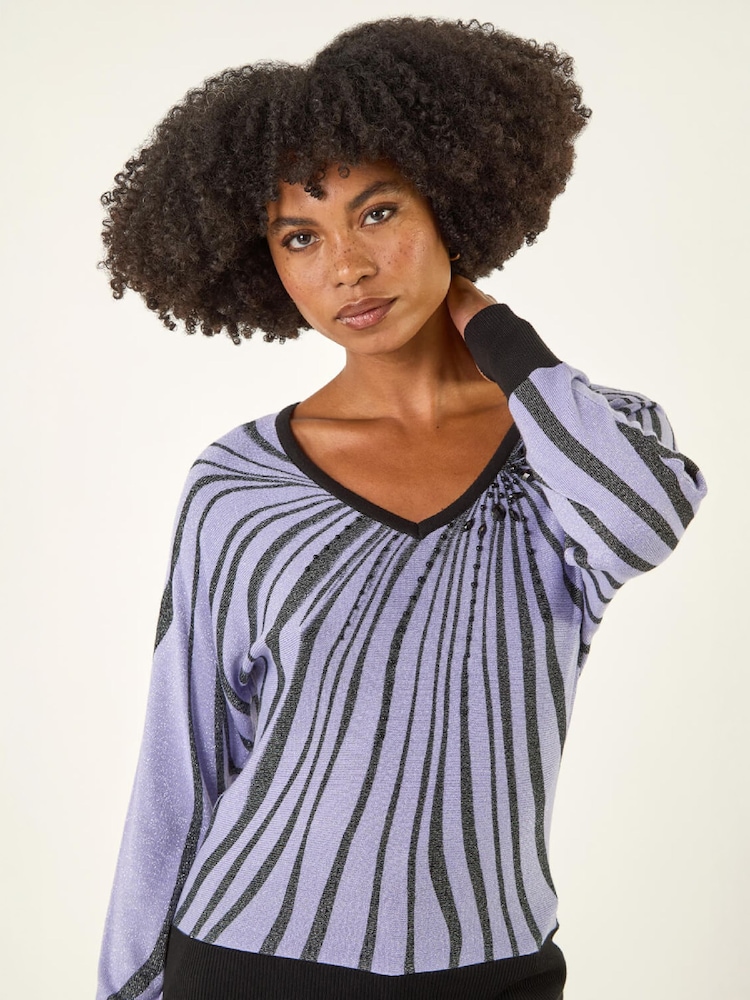 Roman Purple Shimmer Abstract Stripe Knit Jumper - Image 2 of 5