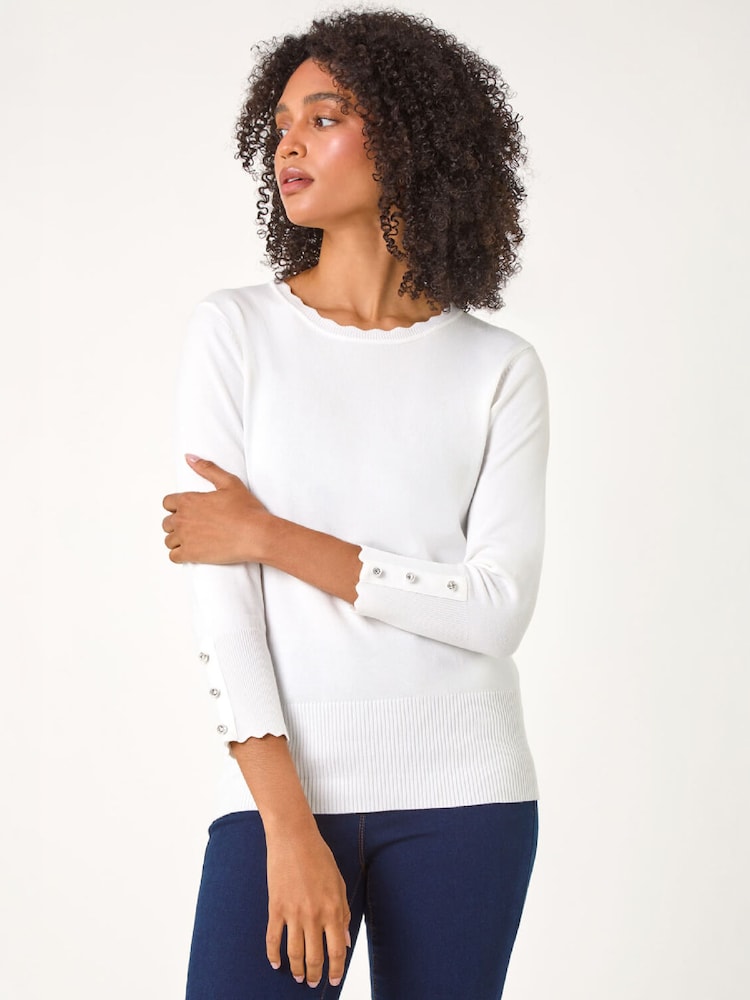 Roman White Diamante Button Scallop Edge Jumper - Image 1 of 5