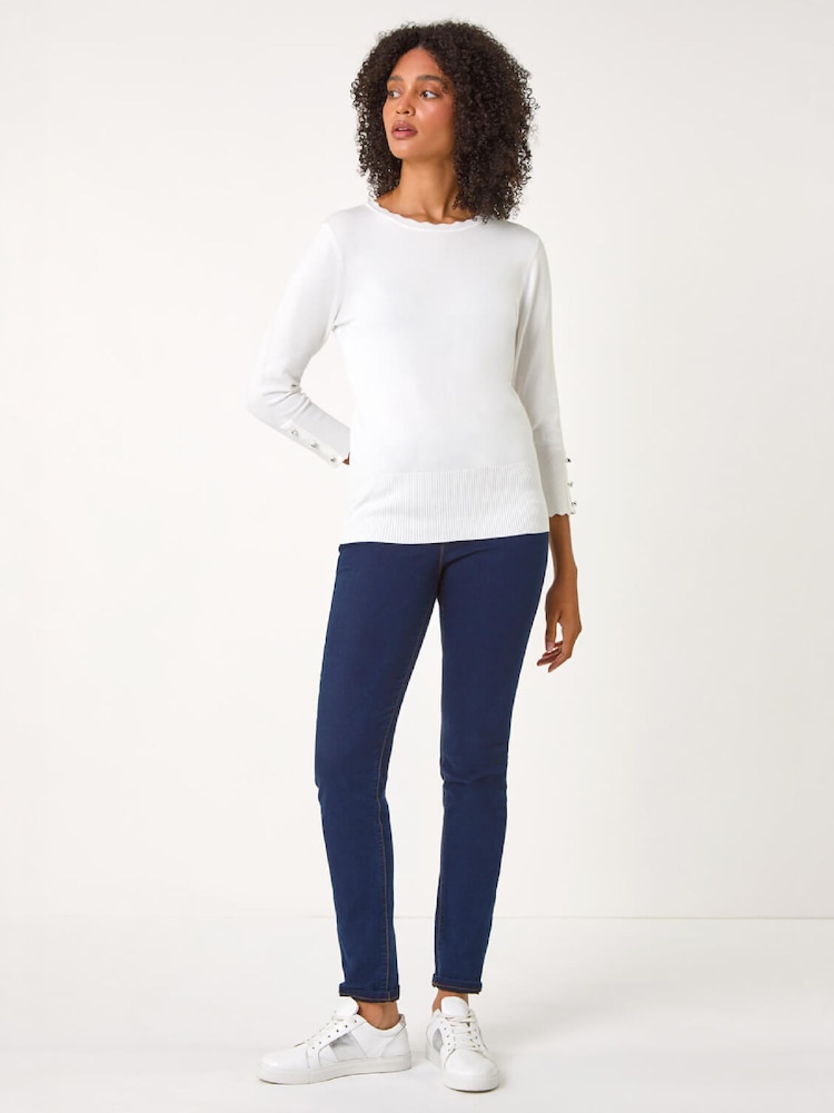 Roman White Diamante Button Scallop Edge Jumper - Image 2 of 5