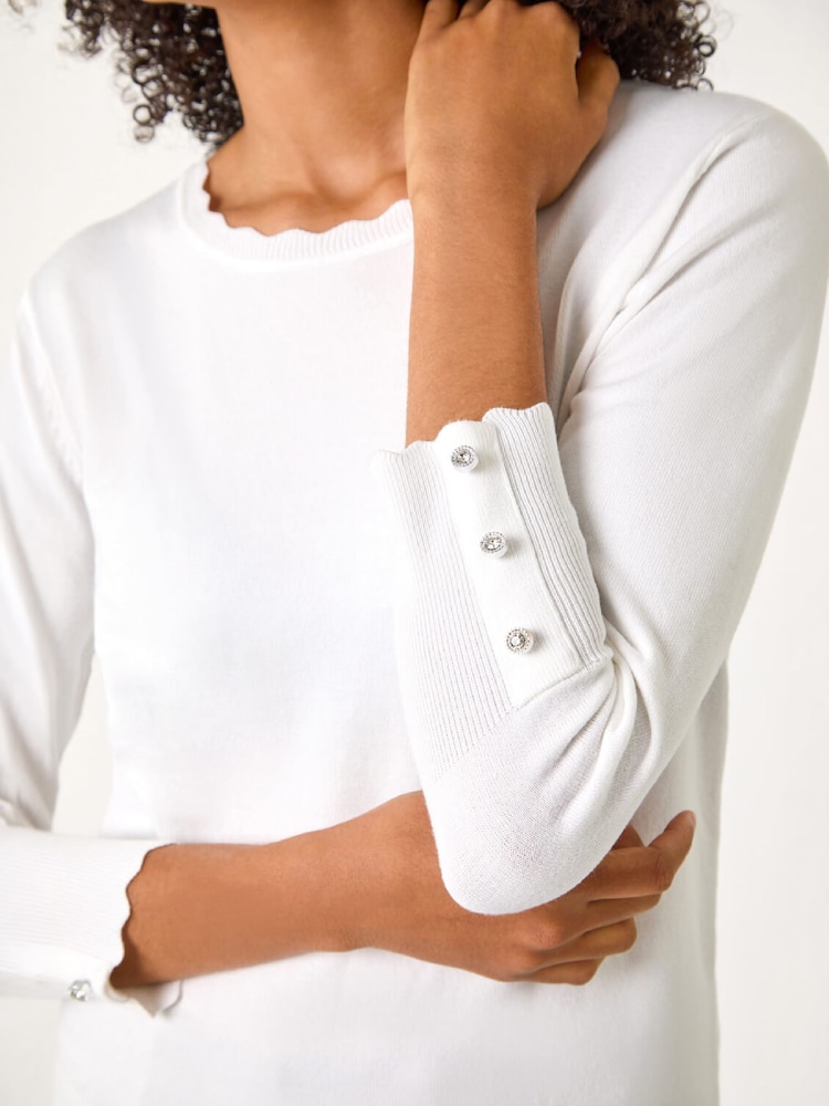Roman White Diamante Button Scallop Edge Jumper - Image 5 of 5