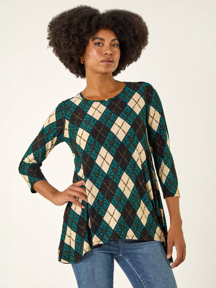Roman Blue Jacquard Print Tunic Top - Image 1 of 5 Roman Blue Jacquard Print Tunic Top - Image 1 of 5