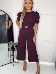AX Paris Purple Plum Short Sleeve Belted Jumpsuit - Image 1 of 4