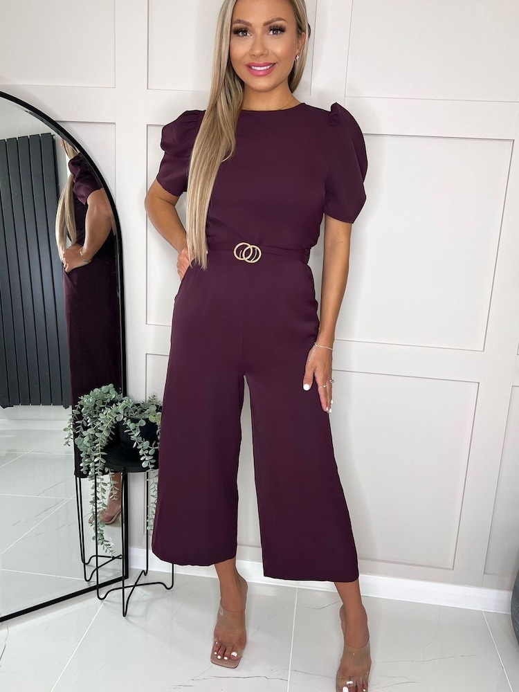 AX Paris Purple Plum Short Sleeve Belted Jumpsuit - Image 1 of 4