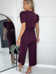 AX Paris Purple Plum Short Sleeve Belted Jumpsuit - Image 2 of 4