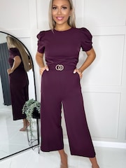 AX Paris Purple Plum Short Sleeve Belted Jumpsuit - Image 3 of 4