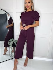 AX Paris Purple Plum Short Sleeve Belted Jumpsuit - Image 4 of 4
