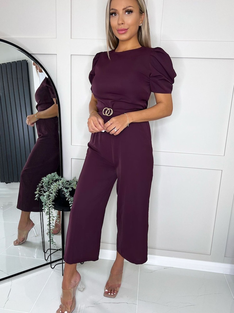 AX Paris Purple Plum Short Sleeve Belted Jumpsuit - Image 4 of 4