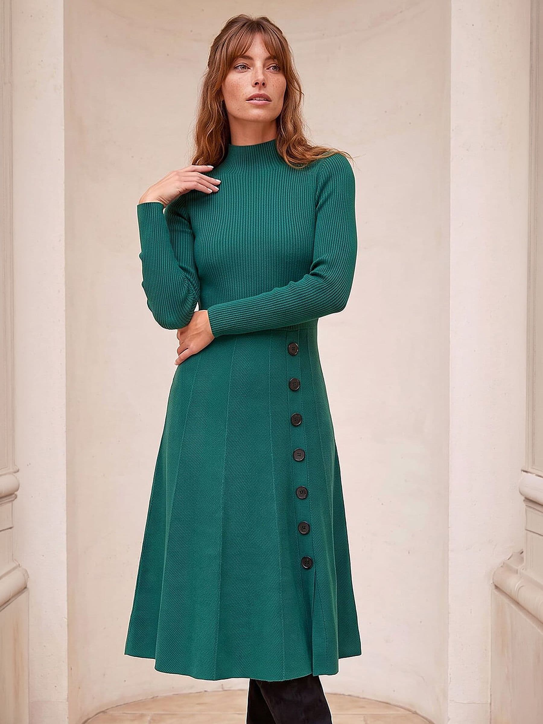 Roman Women's Button Detail Knitted Dress in Green | Size: 18 - Image 5