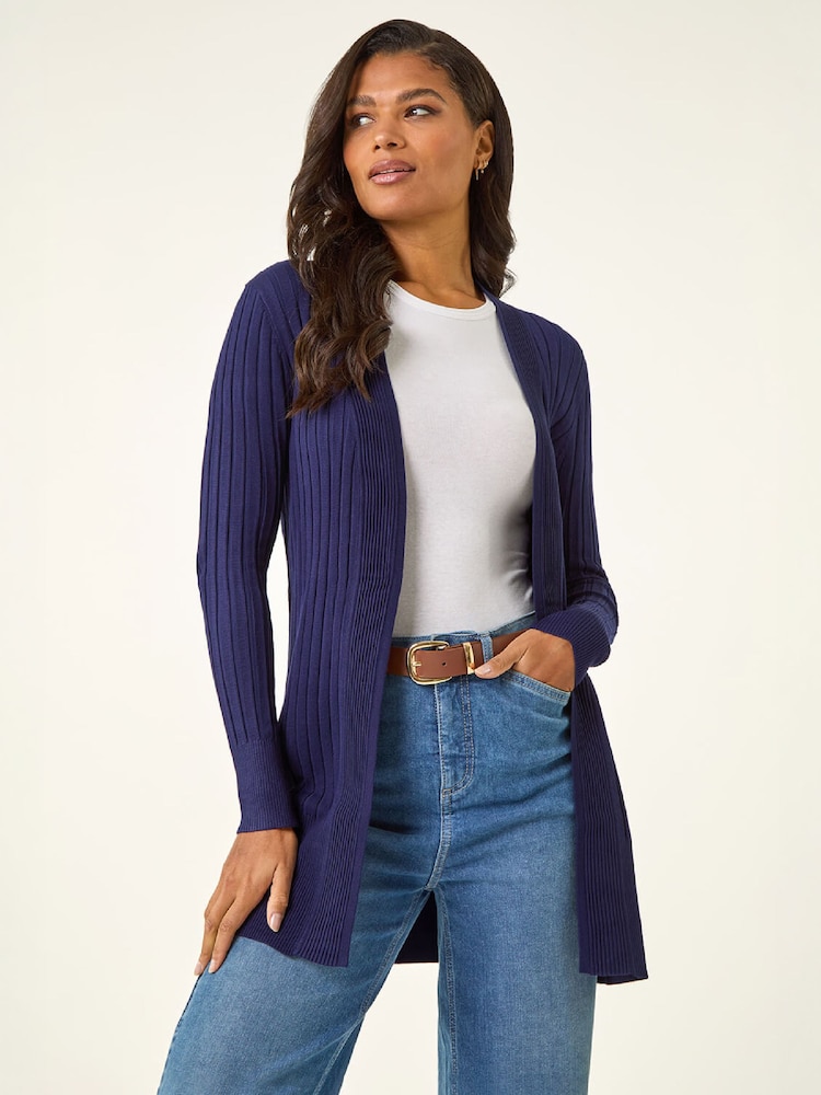 Roman Blue Longline Stretch Ribbed Cardigan - Image 1 of 5