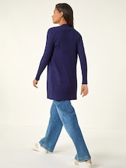 Roman Blue Longline Stretch Ribbed Cardigan - Image 3 of 5