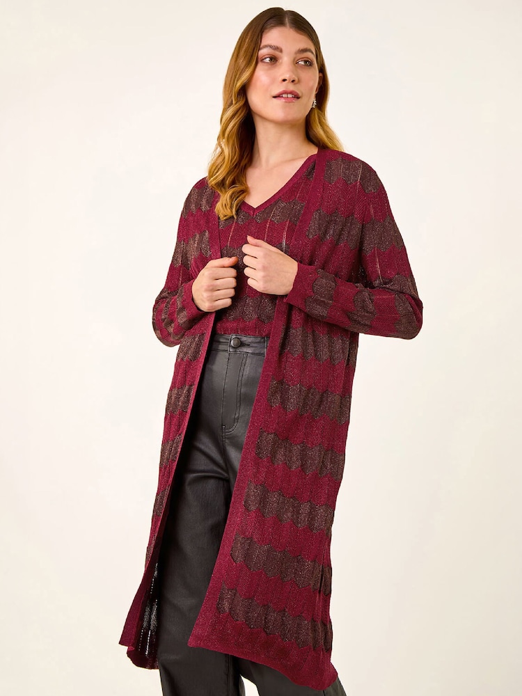 Roman Red Shimmer Stitch Longline Knit Cardigan - Image 1 of 5