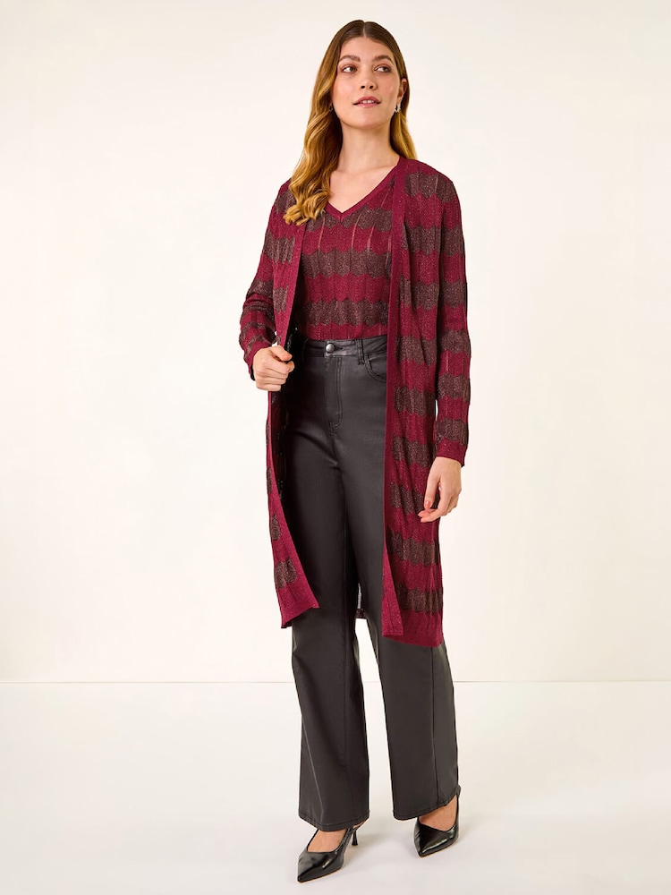 Roman Red Shimmer Stitch Longline Knit Cardigan - Image 2 of 5
