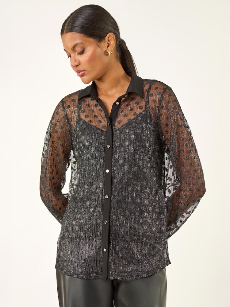 Roman Black Dobby Plisse Button Through Blouse - Image 1 of 5