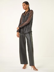Roman Black Dobby Plisse Button Through Blouse - Image 2 of 5