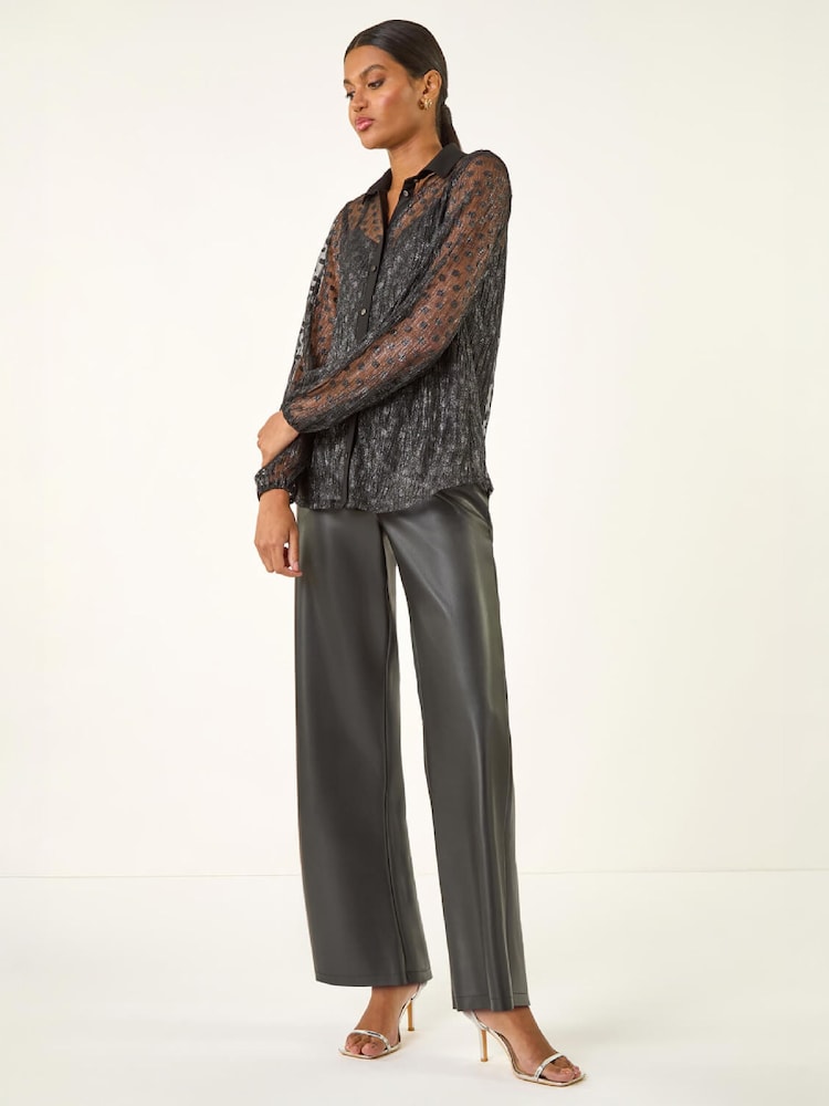 Roman Black Dobby Plisse Button Through Blouse - Image 2 of 5