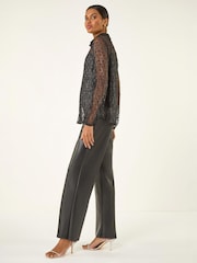 Roman Black Dobby Plisse Button Through Blouse - Image 3 of 5