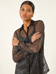 Roman Black Dobby Plisse Button Through Blouse - Image 4 of 5