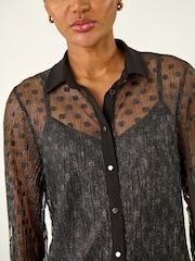 Roman Black Dobby Plisse Button Through Blouse - Image 5 of 5