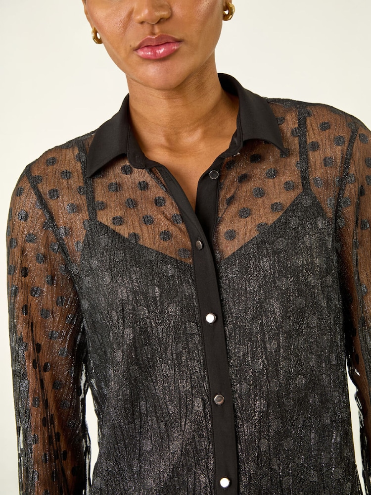 Roman Black Dobby Plisse Button Through Blouse - Image 5 of 5