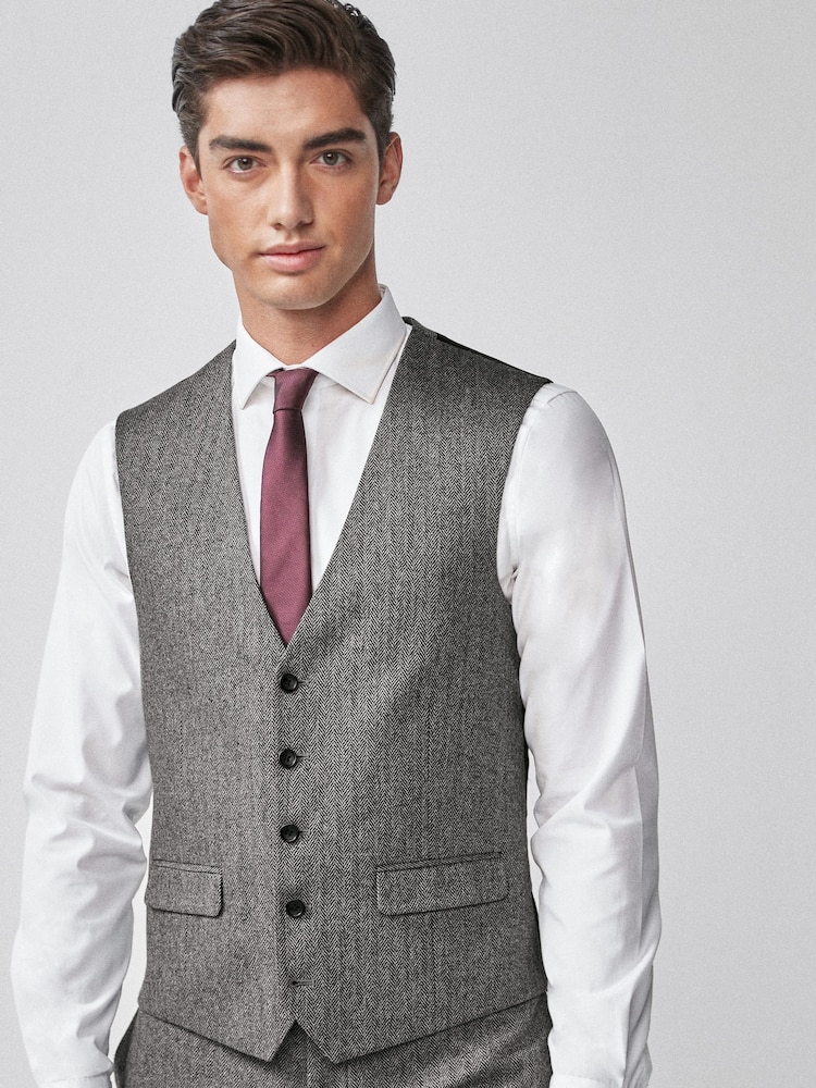 Grey Regular Fit Nova Fides Wool Blend Herringbone Suit Waistcoat - Image 1 of 6