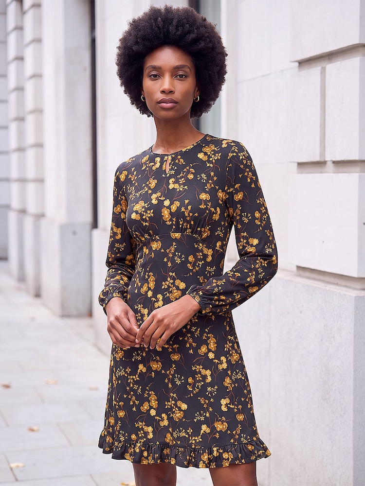 Roman Yellow Floral Print Frill Stretch Dress - Image 1 of 4 Roman Yellow Floral Print Frill Stretch Dress - Image 1 of 4