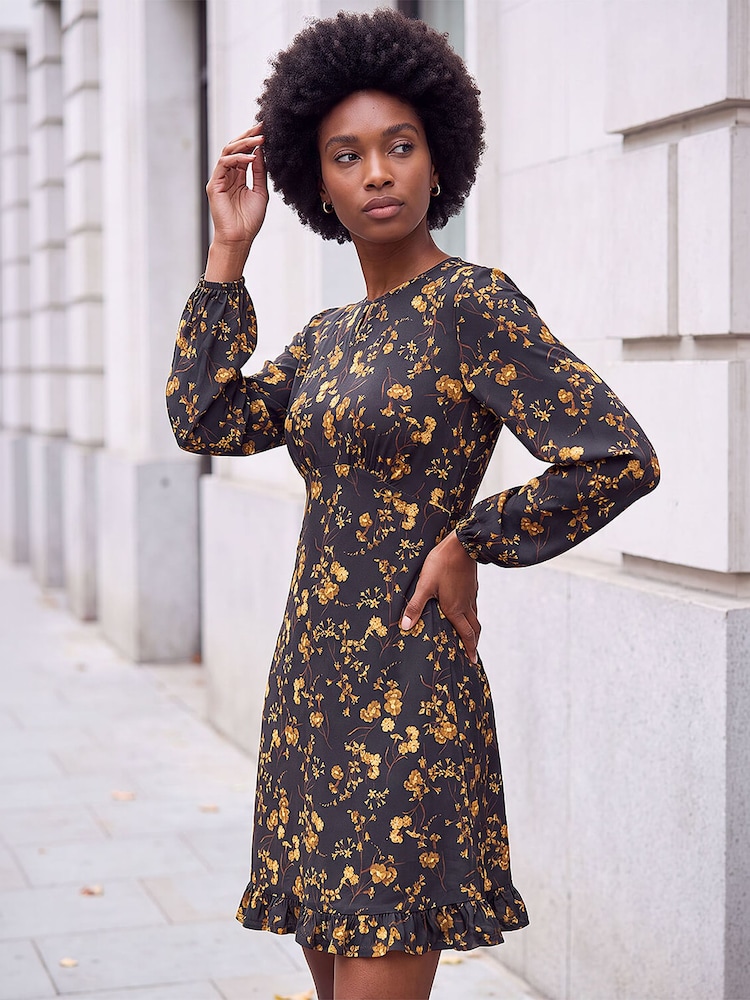 Roman Yellow Floral Print Frill Stretch Dress - Image 2 of 4 Roman Yellow Floral Print Frill Stretch Dress - Image 2 of 4
