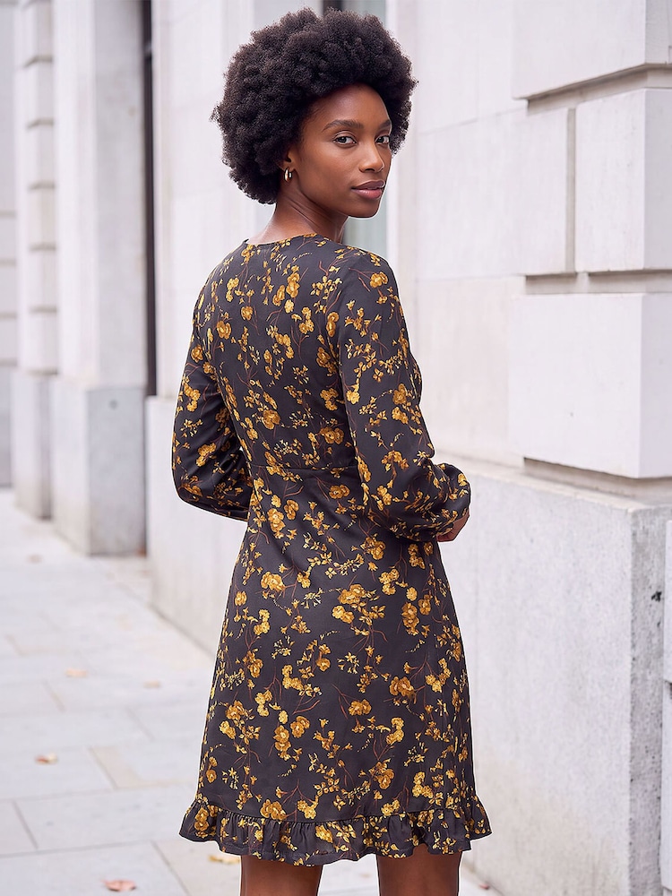 Roman Yellow Floral Print Frill Stretch Dress - Image 4 of 4 Roman Yellow Floral Print Frill Stretch Dress - Image 4 of 4