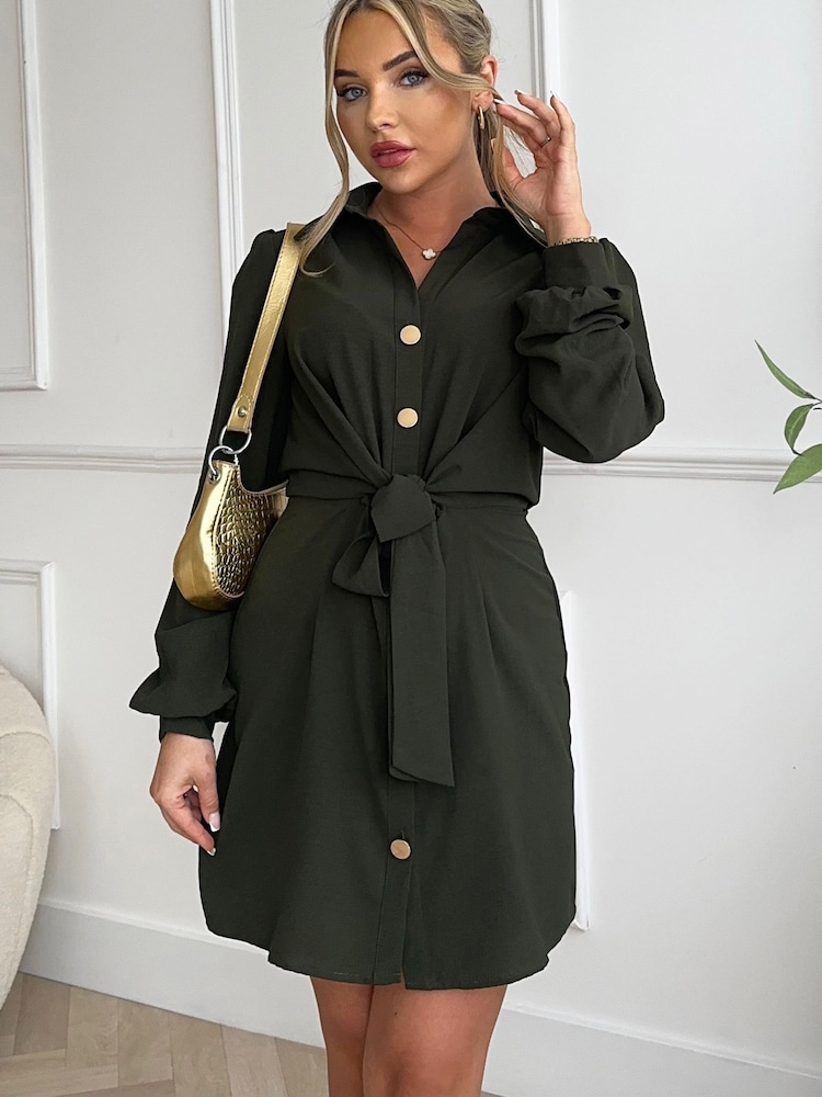 AX Paris Olive Green Button Tie Front Mini Shirt Dress - Image 1 of 4