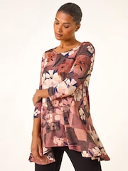 Roman Brown Floral Print Hanky Hem Stretch Top - Image 1 of 5
