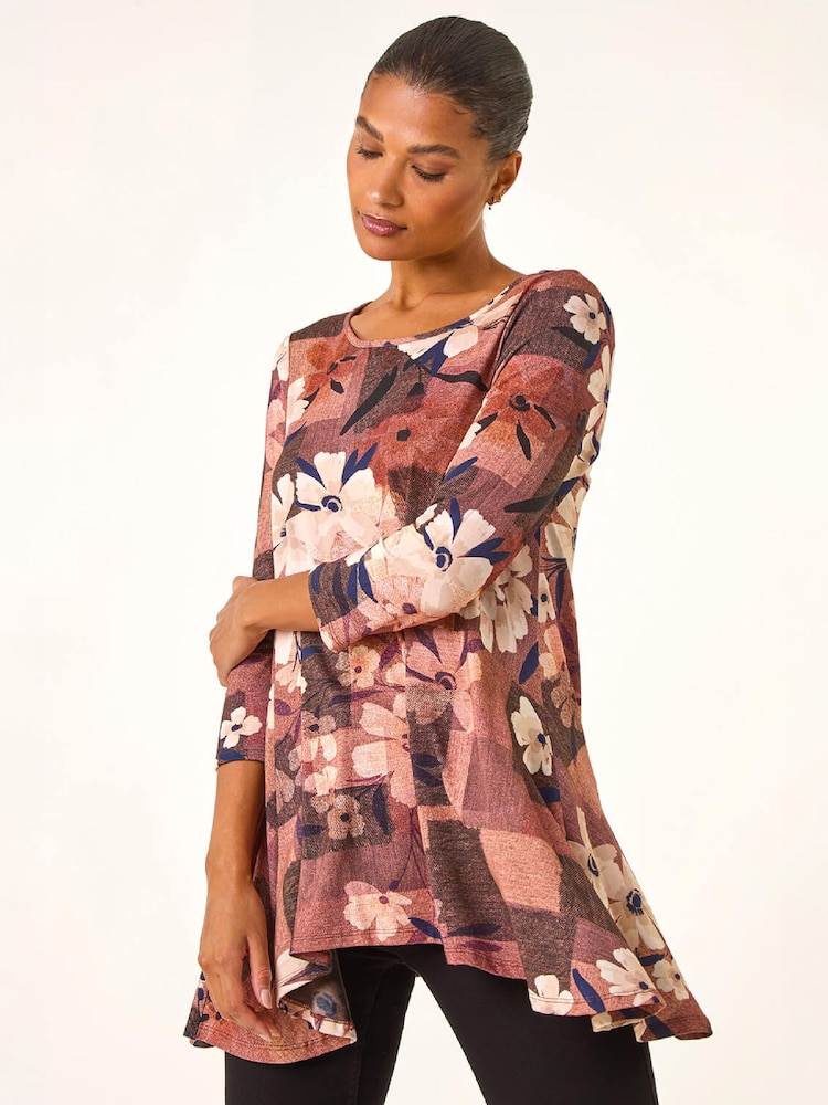 Roman Brown Floral Print Hanky Hem Stretch Top - Image 1 of 5 Roman Brown Floral Print Hanky Hem Stretch Top - Image 1 of 5