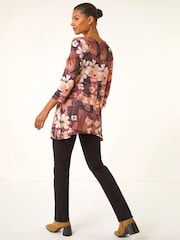 Roman Brown Floral Print Hanky Hem Stretch Top - Image 3 of 5