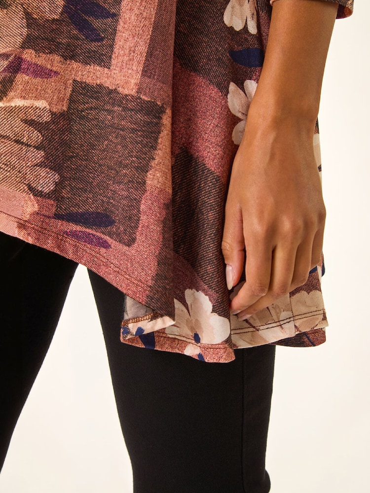 Roman Brown Floral Print Hanky Hem Stretch Top - Image 5 of 5 Roman Brown Floral Print Hanky Hem Stretch Top - Image 5 of 5