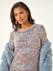 Roman Black Fluffy Striped Curve Hem Jumper - Image 1 of 5