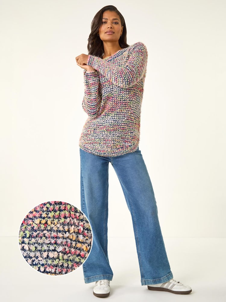 Roman Black Fluffy Striped Curve Hem Jumper - Image 2 of 5