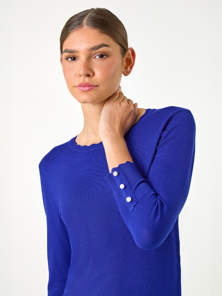 Roman Blue Diamante Button Scallop Edge Jumper - Image 1 of 5