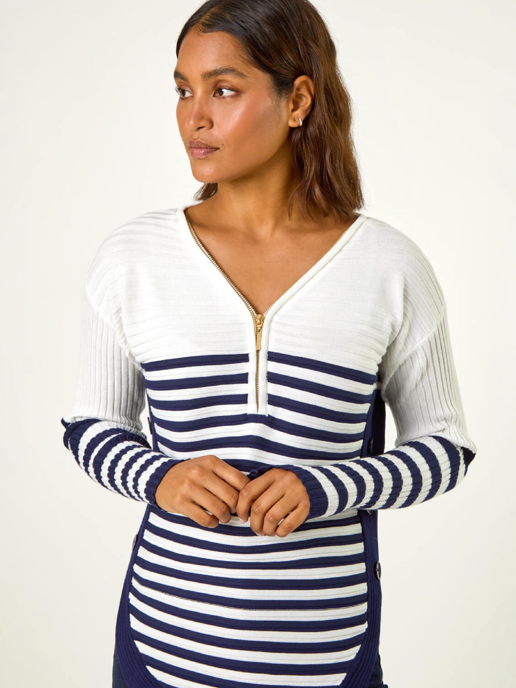 Roman Women's Ivory Stripe Zip Front Ribbed Knit Jumper In | Size: 20 - Image 3