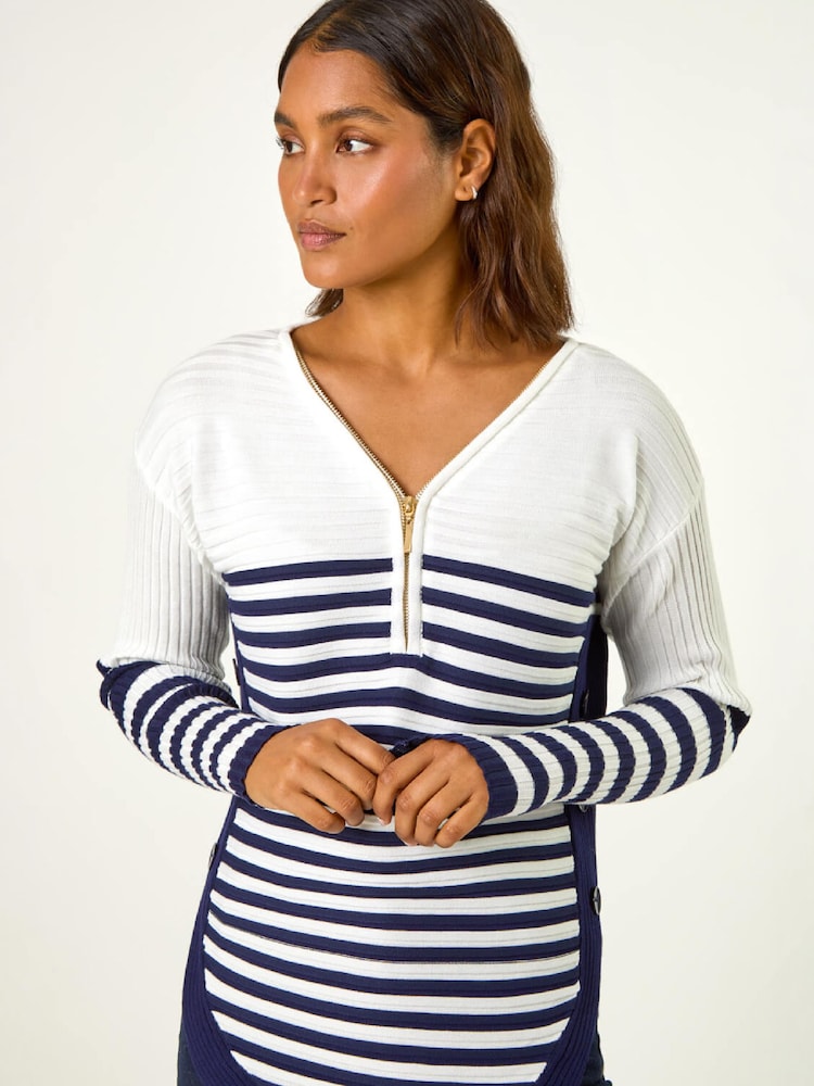Roman White Stripe Zip Front Ribbed Knit Jumper - Image 1 of 5