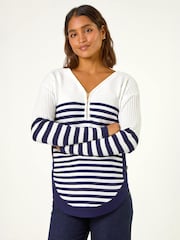 Roman White Stripe Zip Front Ribbed Knit Jumper - Image 3 of 5