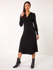 Roman Black Scallop Detail Knitted Midi Dress - Image 1 of 5