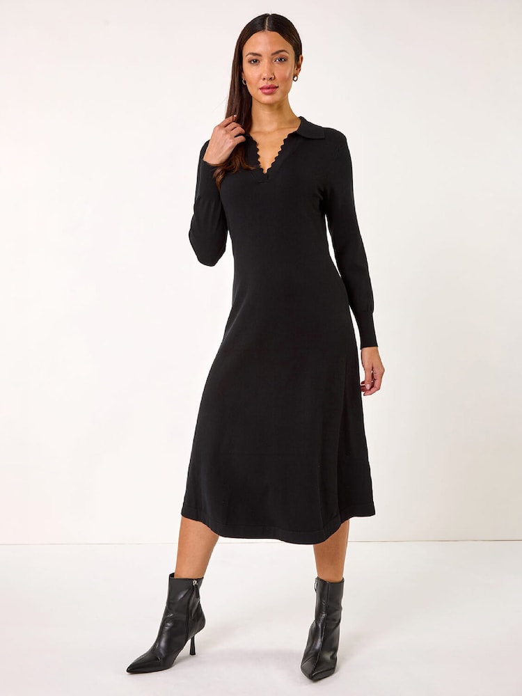 Roman Black Scallop Detail Knitted Midi Dress - Image 1 of 5 Roman Black Scallop Detail Knitted Midi Dress - Image 1 of 5