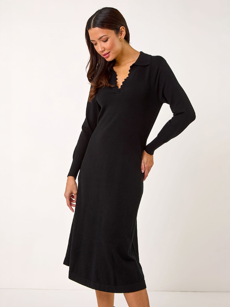 Roman Black Scallop Detail Knitted Midi Dress - Image 2 of 5 Roman Black Scallop Detail Knitted Midi Dress - Image 2 of 5