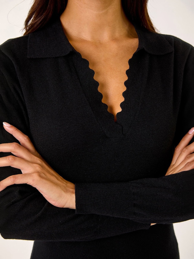 Roman Black Scallop Detail Knitted Midi Dress - Image 5 of 5 Roman Black Scallop Detail Knitted Midi Dress - Image 5 of 5
