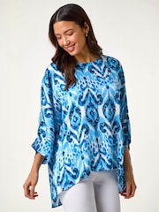 Roman Blue Ikat Print Tunic Top - Image 1 of 5