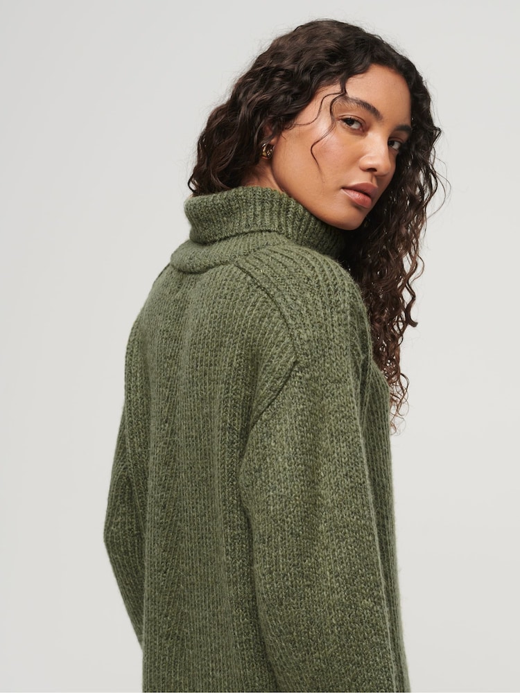 Superdry Green 100% Cotton Knitted Roll Neck jumper Dress - Image 1 of 4