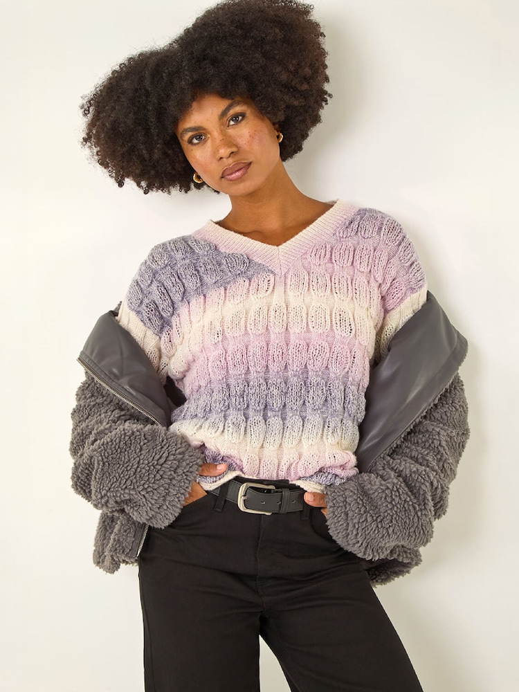Roman Purple Ombre Textured V-Neck Knit Jumper - Image 1 of 5 Roman Purple Ombre Textured V-Neck Knit Jumper - Image 1 of 5