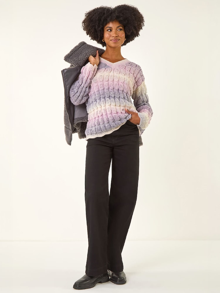 Roman Purple Ombre Textured V-Neck Knit Jumper - Image 2 of 5 Roman Purple Ombre Textured V-Neck Knit Jumper - Image 2 of 5