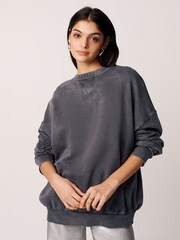 Charcoal Grey Oversized Relaxed Fit Longline Washed Crew Neck Sweatshirt - Image 1 of 6